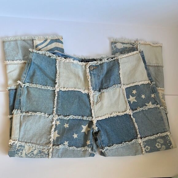 No Boundaries Y2k Patchwork Jeans Crop Raw Edge Waist Hemline Junior 15 - Picture 7 of 16
